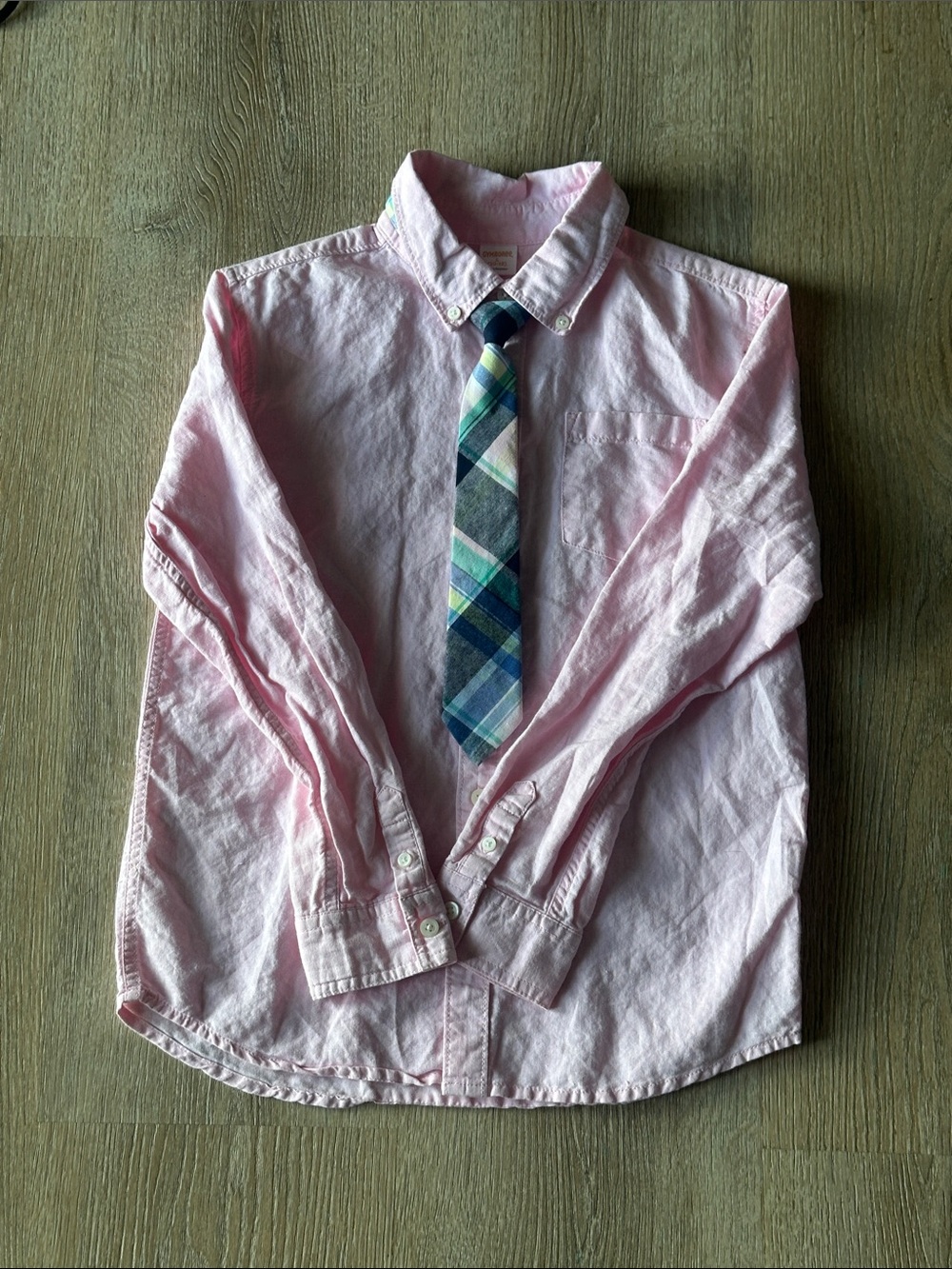 Boys Light Pink Button-Down Shirt with Plaid Tie